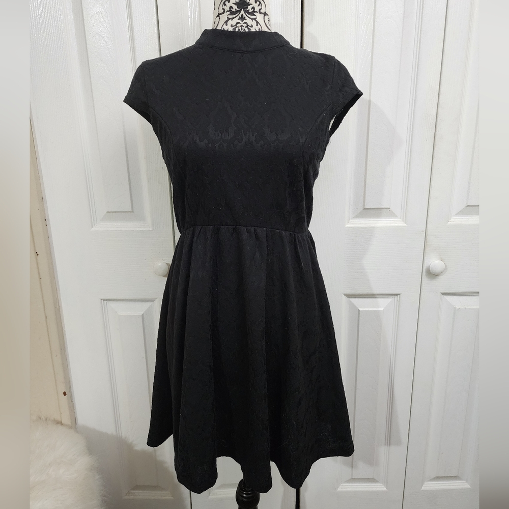 Rewind Black Lace Overlay Cap Sleeve High Neck Fit & Flare Dress